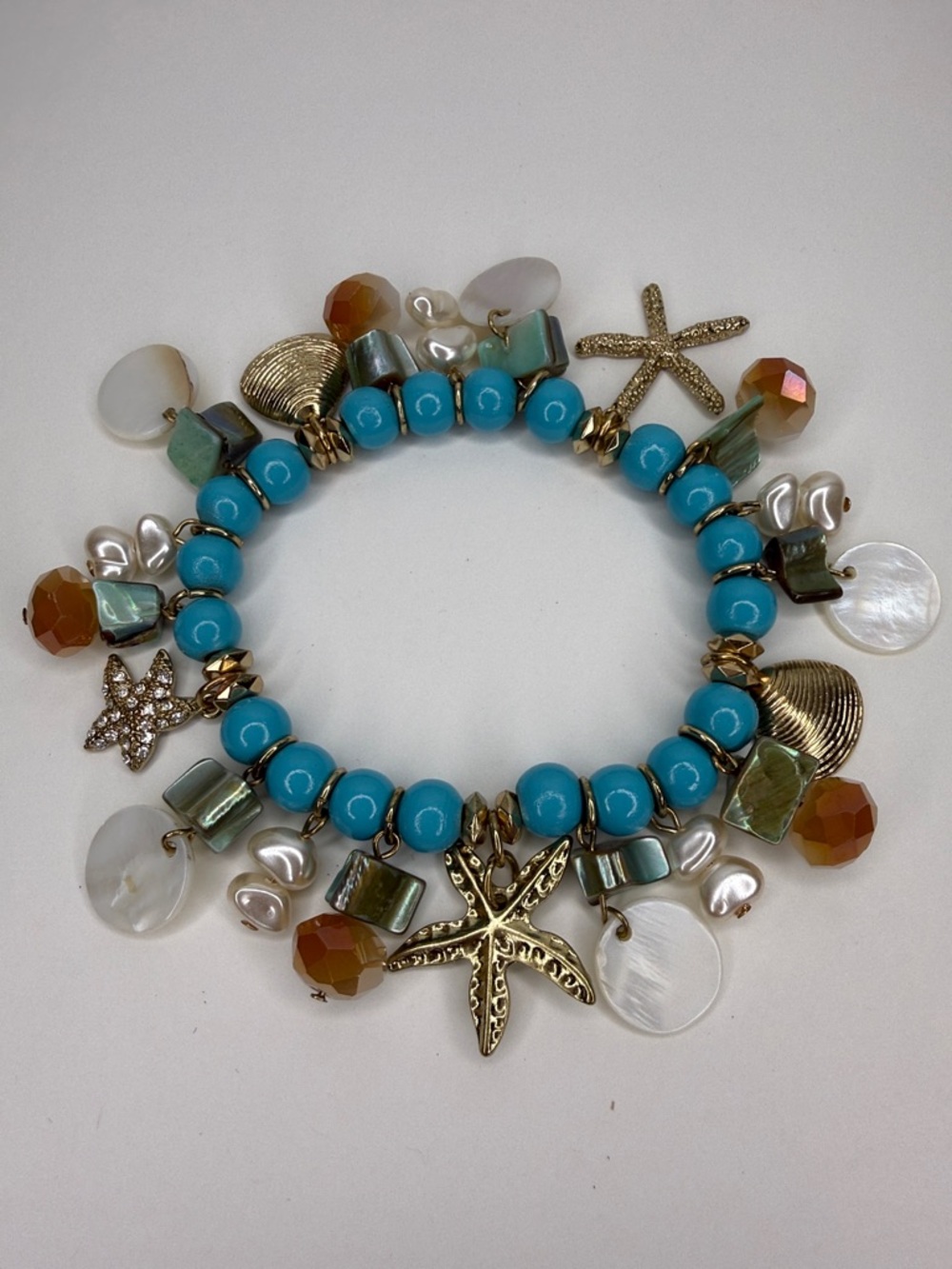 Turquoise Beaded Sea Charm Bracelet - stretchy